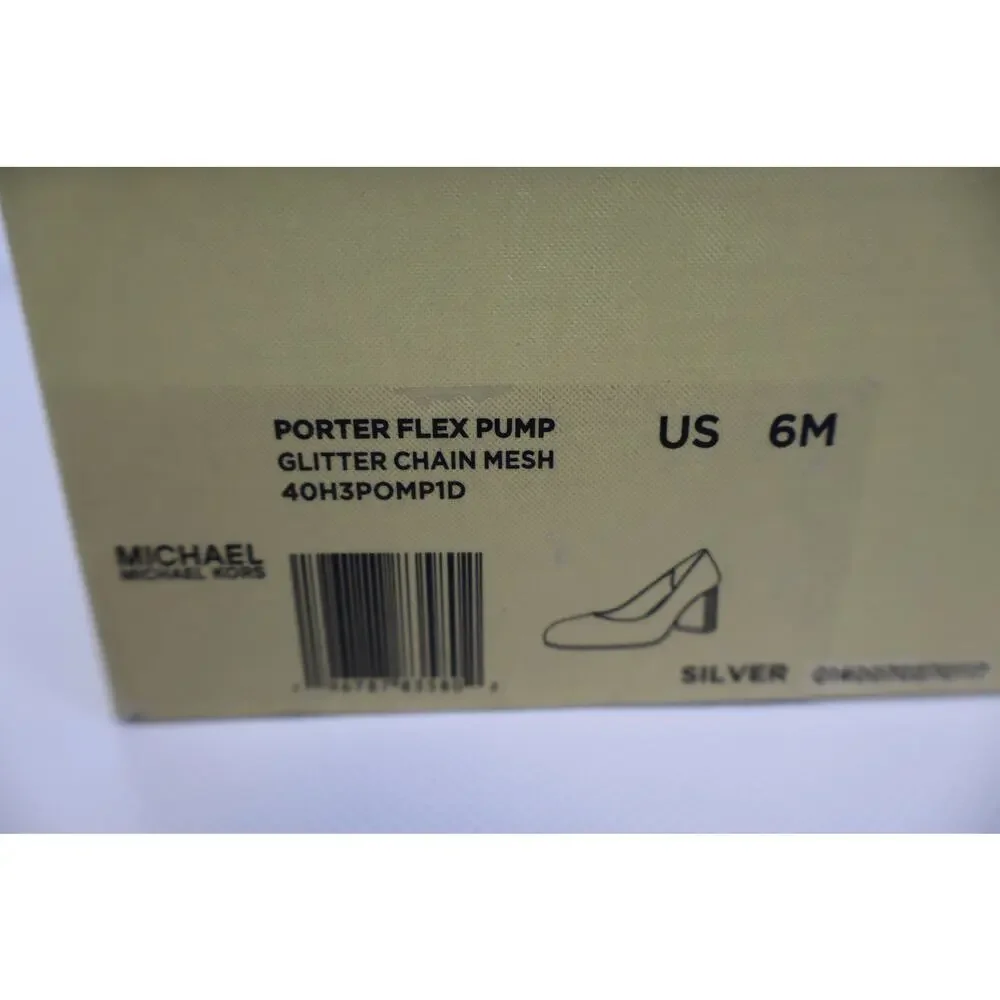 NEW Michael Kors Porter Flex Pump Heels Womens Silver Glitter Chain Mesh Size 6M